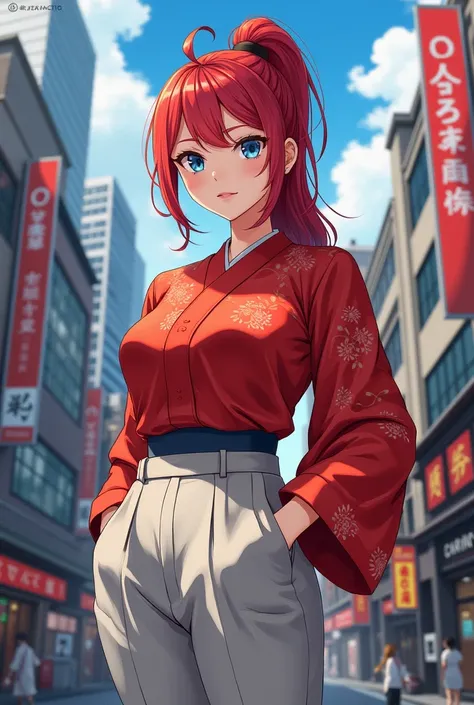 Anime Japanese woman, working woman, uniform, red hair, long hair, low ponytail, blue eyes, kimono-like scarlet shirt with large sleeves, oversized light grey slacks, beautiful F-cup breasts, nice buttocks, modern Kyoto city