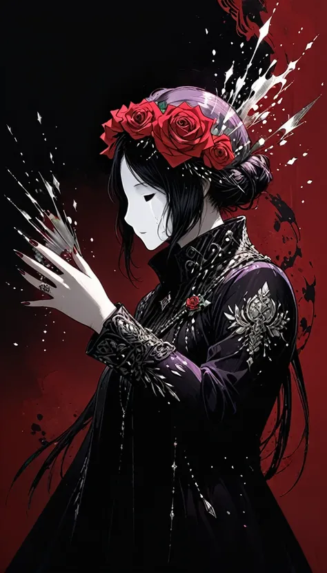 in style of Harry Clarke,character concept design,half body, (ROSE HEAD:1.5) (no face:2.0) paladin,angry,crazy smile，fighting pose，Magic Effects，Metallic details，Red tone，Unknown background，perfect hands,Core Art，The art of spray painting，Splash Art
