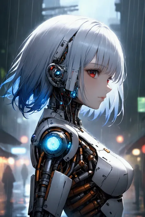 1girl, solo, breasts, looking at viewer, short hair, bangs, red eyes, closed mouth, blue hair, upper body, white hair, blurry, from side, lips, depth of field, blurry background, glowing, letterboxed, science fiction, rain, android, cyborg, robot joints, c...