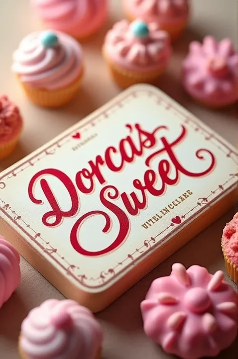 create a realistic business card for a candy store called "Dorcas&#39;s sweet.
