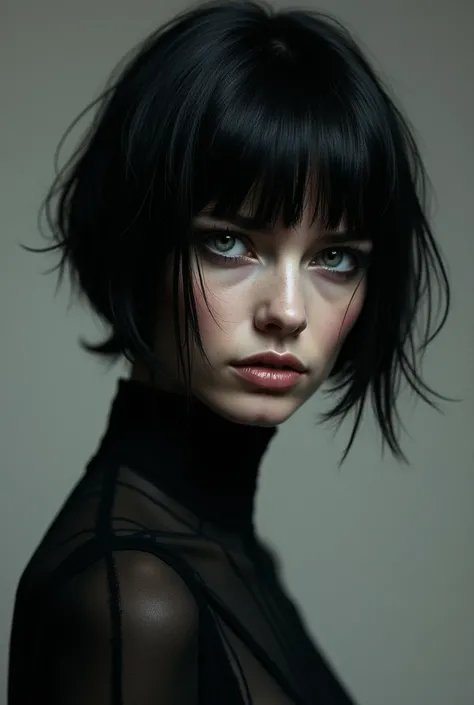 White woman,Short hair as black as the night and eyes as black and slanted as a cat 