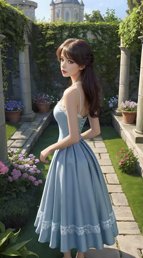 realistically, make realistic, nmasterpiece, Best qualities, Top  Quality, The ultra-great resolution, Lolita_Dress, 1girls, solo, Slim, looking at the spectator, a whole body, long haired, to stand, dynamicpose, detailed back ground, in a garden, Citadel,...