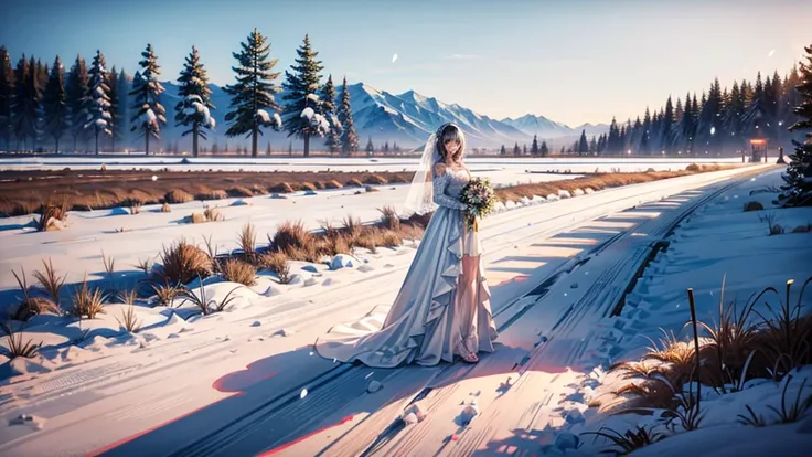 A woman standing alone in a snowy field, wearing a short wedding dress and armor, in a proper shooting stance, anime style