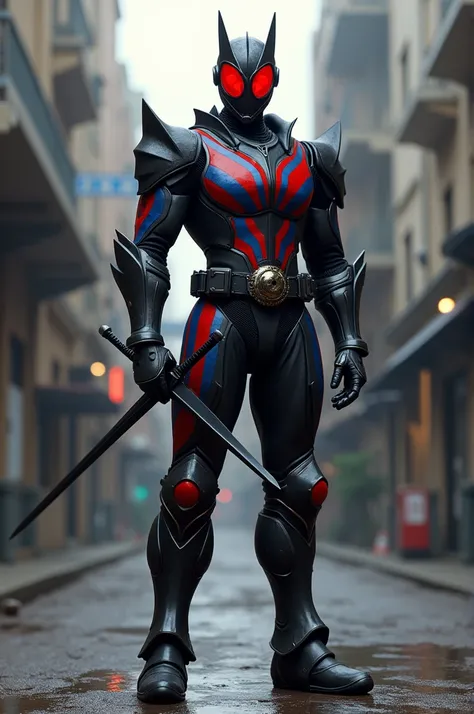 Realistic kamen rider in real life with full body armor. Full coated body armor. Colour red stripe, blue stripe and mainly black. Front, back and side angle. And a helmet that looks like a knight. No belt. And a sword.