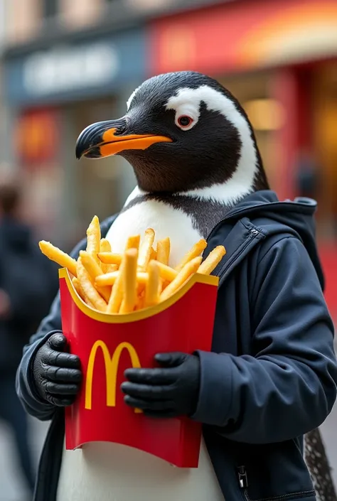 Penguin in sportswear and hair eating McDonald&#39;s fries 