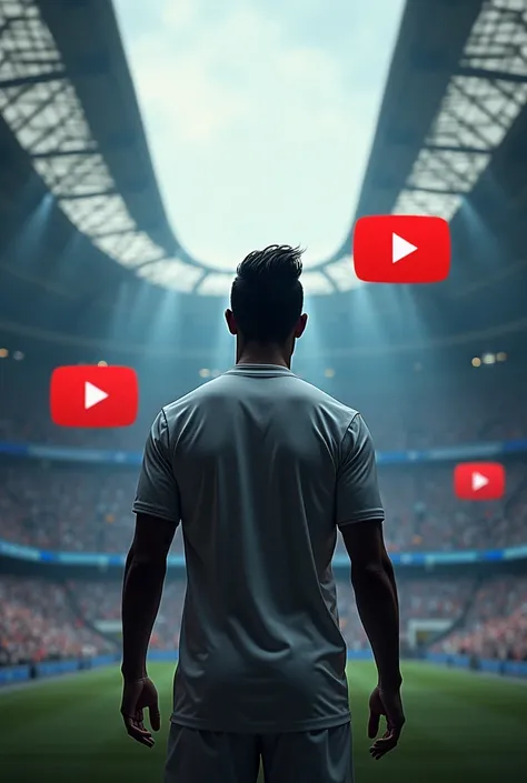 Cristiano Ronaldo&#39;s image is seen from the back with the magnificent stadium in the background. Around Ronaldo, the shadow of great achievements on the field is starting to fade, replaced by digital symbols such as the YouTube icon.
