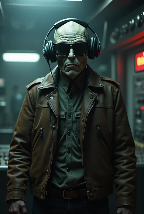 Realistic tough looking grey alien with sunglasses and announcer headphones and leather jacket facing front in a spooky radio booth ready to transmit