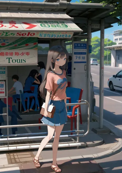 realistic anime illustration of young woman is waiting a taxi, she is under the roof of bus stop and carrying tote bags, crossing her arms, she is black long hair, wearing peach t-shirt, blue denim pencil skirt, and brown sandals (1girl, solo, full body), ...