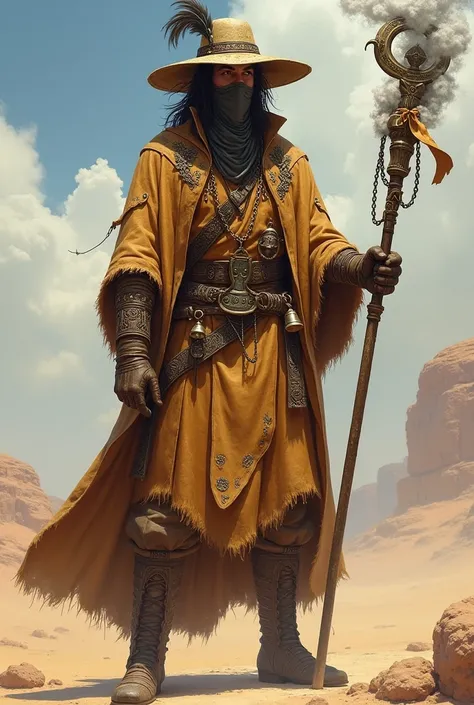 Captain Dry Wind is an imposing and enigmatic figure. He wears a wide-brimmed leather hat adorned with feathers and metal chains.. His attire is a long leather tunic in desert tones., decorated with embroidery that imitates storms and dry clouds, plus a li...