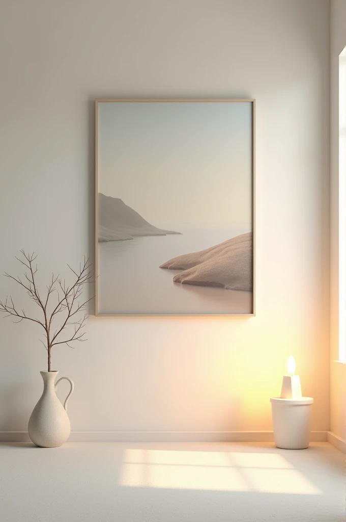 A light-colored wall with a painting and a lamp 