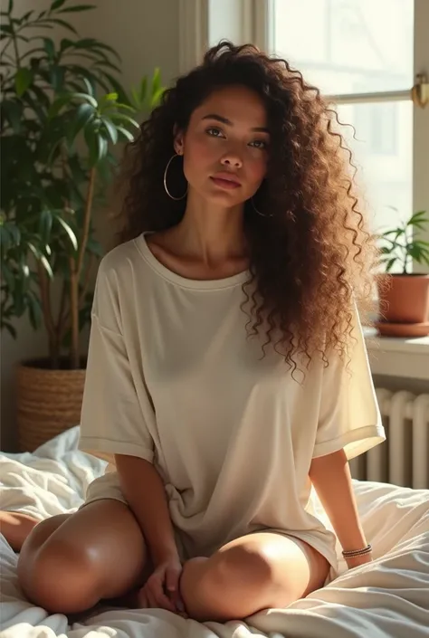 (photorealism:1.2), beautiful woman, sitting on bed, wearing white 
Oversized Faded T-Shirt ,  long curly hair, indoors, soft lighting, plants in background, window with sunlight, cozy room, relaxed pose, realistic, intricate details, warm colors, by Greg ...