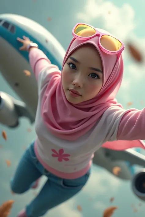 Malaysia women a realistic masterpiece. Human .wear pint watch.. 1girl wearing a hijab, detailed beautiful face, Hijab Muslim. Wear long sleeve moder design pink white pink stripe white. anger face, minimalist flower on shirt. Enger face. Open mouth. Glowi...