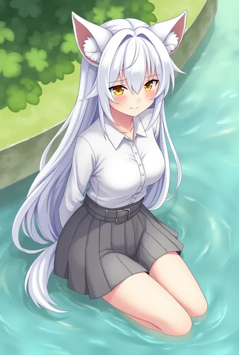 1girl, yellow eyes, long hair, white hair, sitting, cewe-sma, from fitting, white shirt, gray skirt, belt, looking at viewer, light smile, arms behind back, nature, hair ornament, animal ears, water ,big tits and suck my dick