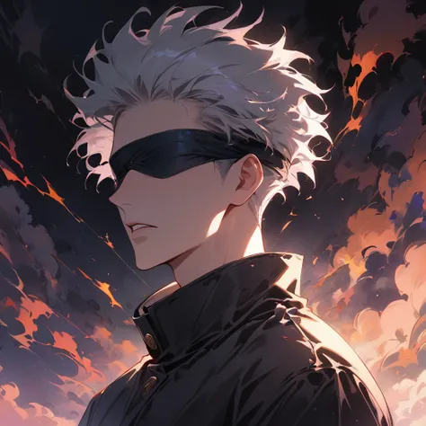 1boy, Gojo Satoru, Jujutsu Kaisen, main character, brooding, white hair, wearing a black jacket, blindfold, white background, masterpiece, best quality, very aesthetic, absurdres