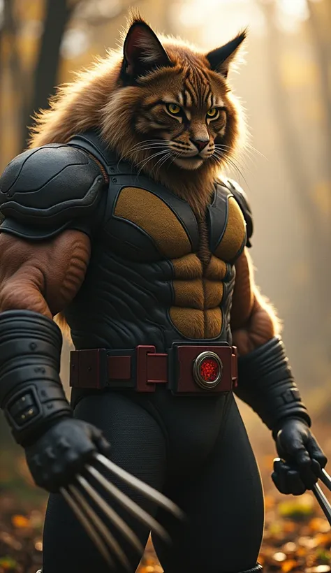 Wolverines imposing physique dominates the frame, his rugged features reimagined with the majestic head of a Maine Coon cat. The whiskered visage is a striking blend of animalistic ferocity and human-like intelligence, as if the X-Men heros unyielding dete...