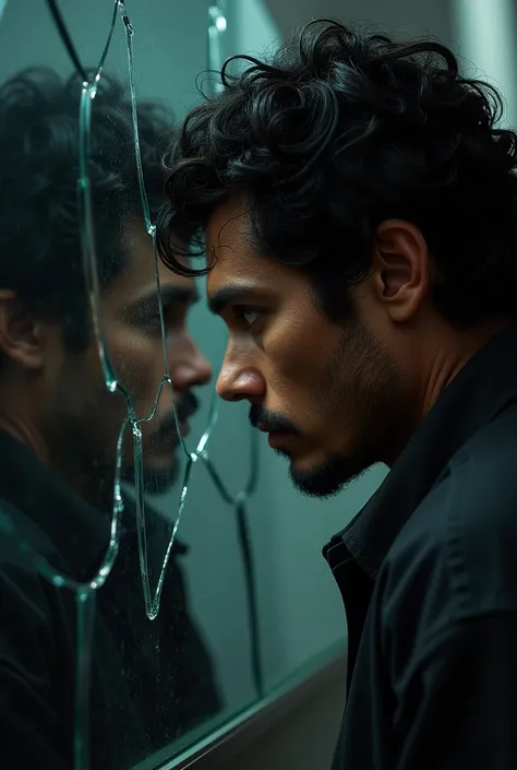 Ricardo Arjona looking at a broken mirror, with its fragmented reflection, representing guilt and self-reproach.