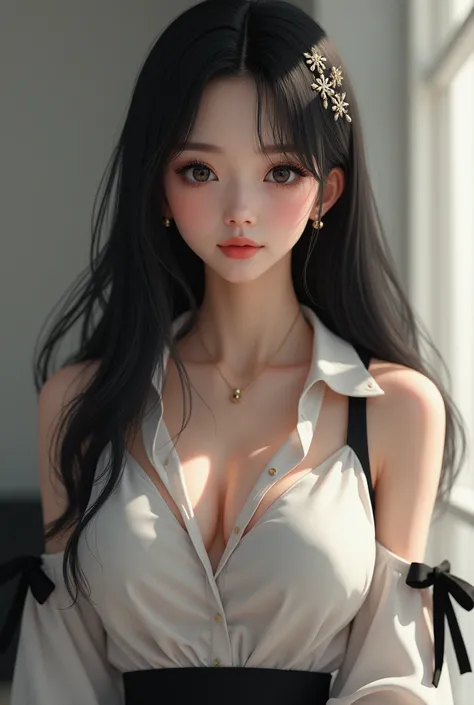 best quality, (photorealistic:1.2), 1girl, solo, detailed face, face focus, standing, black hair,(hair ornament:1.35),office lady, ribbon-trimmed sleeves, detached sleeves, ribbon trim, wide sleeves, (looking at viewer:1.5) long hair, black eyes, bangs, li...