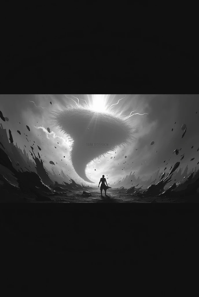 a lot of chaos, inside the tornado, BLACK AND WHITE COLORS, and very bright rays, strong storm, title in the middle that says: Dark Dimension, and much more chaos, floating things and more rays