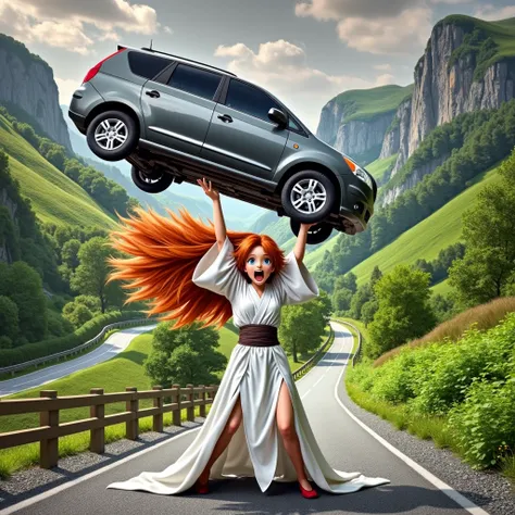 Japanese Manga,Hayao Miyazaki,Background mountain road,Red long hair,White robe,girl,Exaggerated expression,Holding a car in one hand