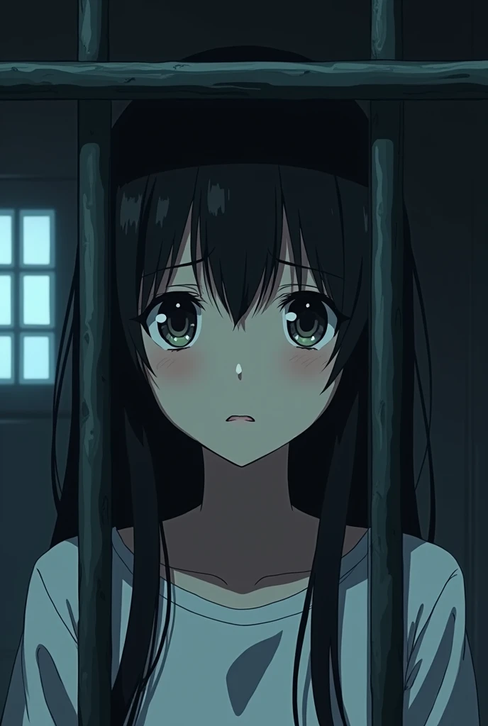 anime girl with black hair behind prison bars