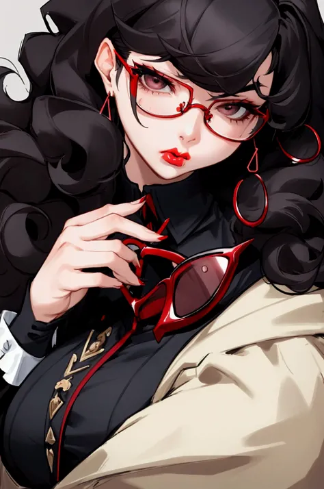 female, red pouty lips, big chest, black curly hair, black eyeglasses, conservative clothing, and dark eyes