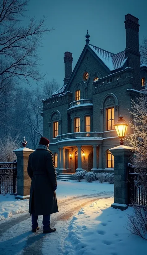 Describe a cold winter night outside a luxurious mansion. Introduce Mr. Harris, a wealthy billionaire, and Mr. John, an elderly poor man shivering near the mansion’s gate.