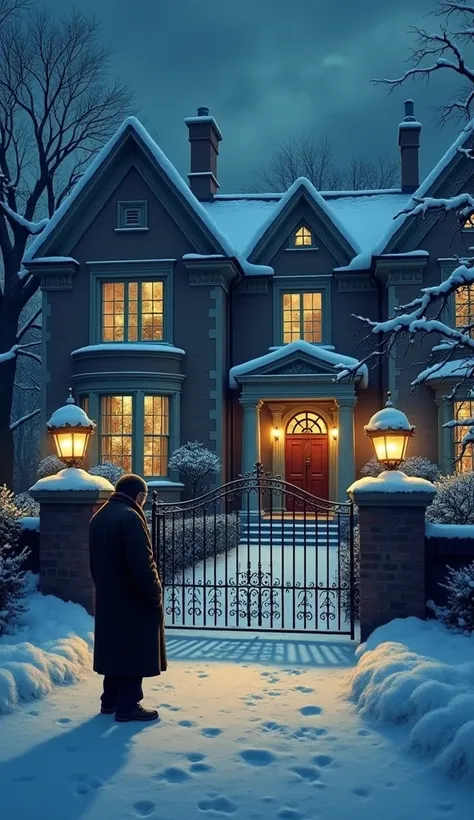 Describe a cold winter night outside a luxurious mansion. Introduce Mr. Harris, a wealthy billionaire, and Mr. John, an elderly poor man shivering near the mansion’s gate.