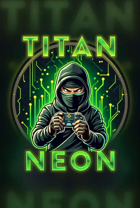 Text: The name "TITAN NEON" is prominently featured in a futuristic font. The text is rendered in a striking golden color, giving it a high-tech, premium appearance.

Avatar: Incorporate a ninja anime avatar that exudes a sense of agility and coolness. The...