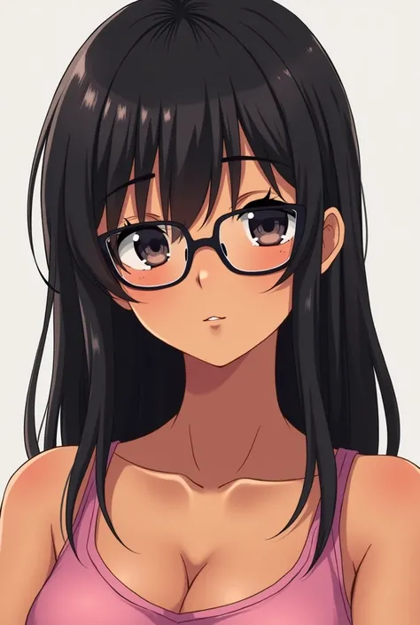 anime version of an brazilian girl with dark eyes sampaku, brown light skin, long straight dark hair without bangs, wearing a pink tank top and glasses 