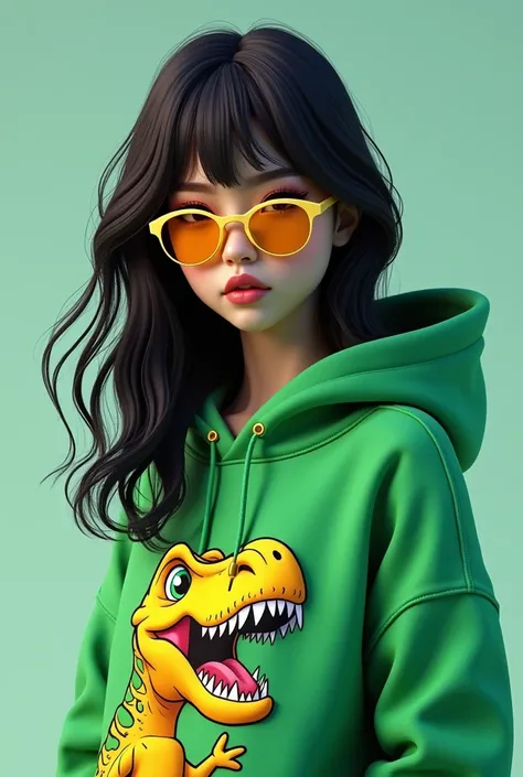 a beautiful woman with black hair and wearing a green t-rex hoodie  hat, put in yellow oakley glasses 3d render
