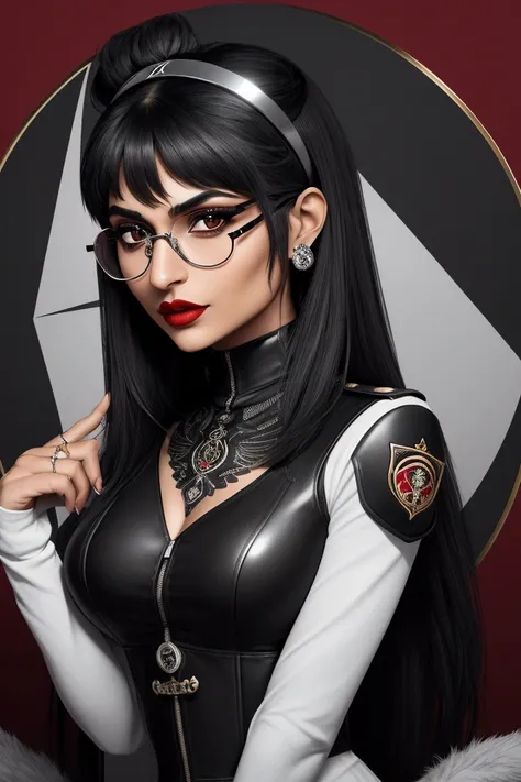 Design a UHD, 3D emblem featuring a stylized representation of Mia Khalifa. The emblem should capture her distinctive features with a modern, refined aesthetic. Focus on her signature glasses, sharp eyebrows, and confident expression. The emblem is circula...