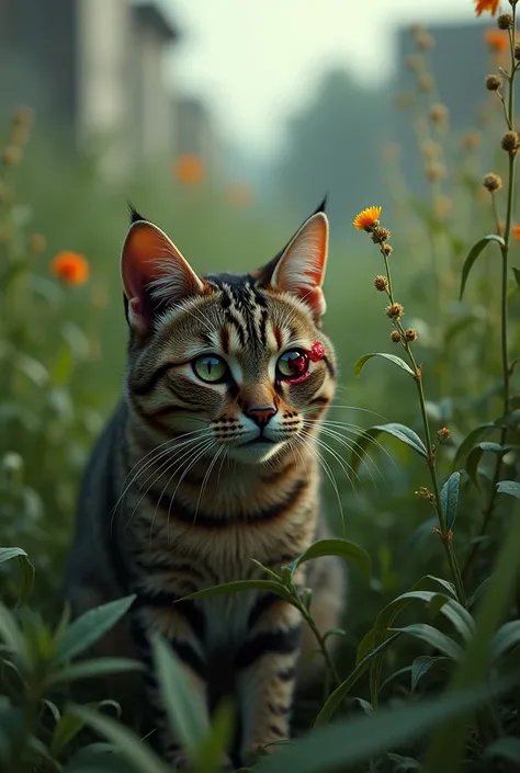 cat injured in eye and nose, in a vacant lot full of tall weeds, smelling a flower. I don&#39;t want the image to be a drawing, I want more realistic