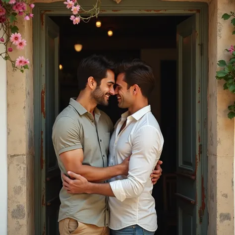 makes image of a white man, aged 35, model type, with short dark hair, with clear eyes, wearing a shirt buttoned up to the neck, hugging your friend at the door of a cafe in the Alentejo
