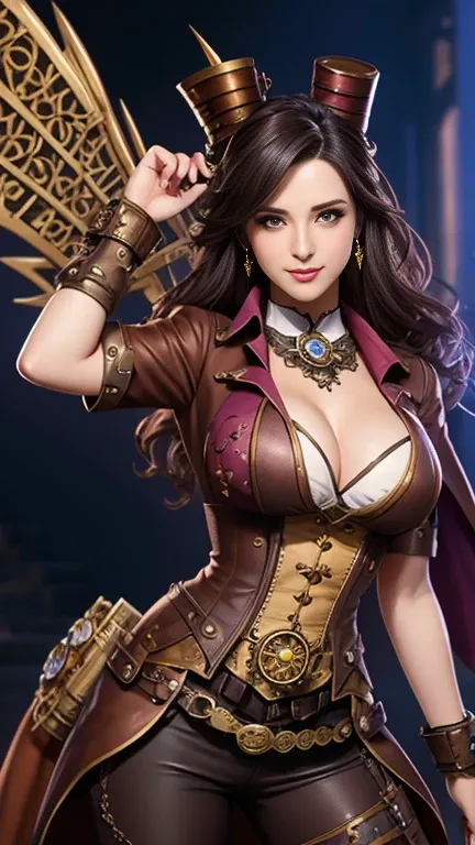 steampunk magical woman, medium long shot, beautiful breasts, random pose, steampunk style background, paizo pathfinder style