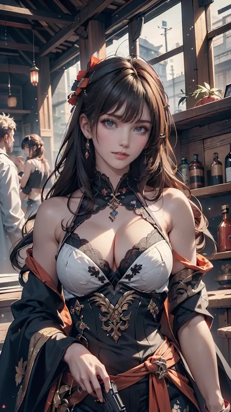 (Highest quality, 8k, masterpiece :1.3), Handsome woman with perfect figure and long hair :1.4, Zhongli, Zhongli, Dark brown hair, Swollen breasts, Genshin Impact, On the Ruins, In the hands of a gun, Highly detailed face and skin, Detailed eyes, double ey...