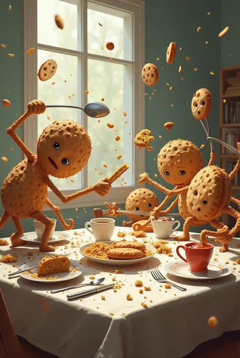 Cookies and biscuits with legs, arms and face in a war on top of a breakfast table. Make a wide variety of cookies, como cookie, wafer, maizena etc