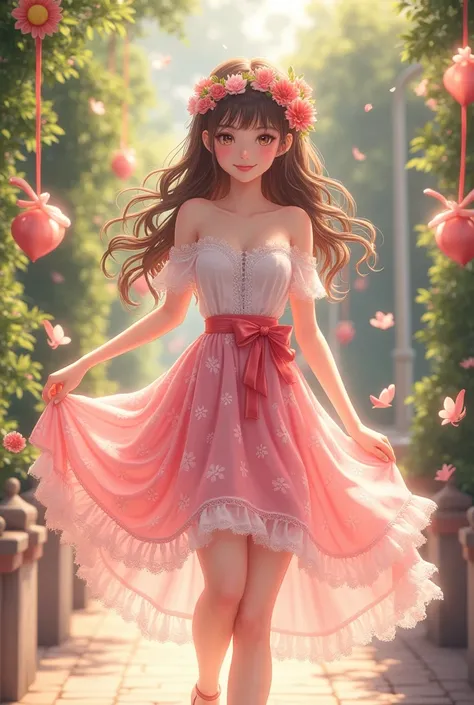 Ultra high quality，High heel，Long legs，Smile，Sunlight，Lace off-the-shoulder，Pink floral skirt，Wear flowers on your head，student，charming，Ribbon，School Belle