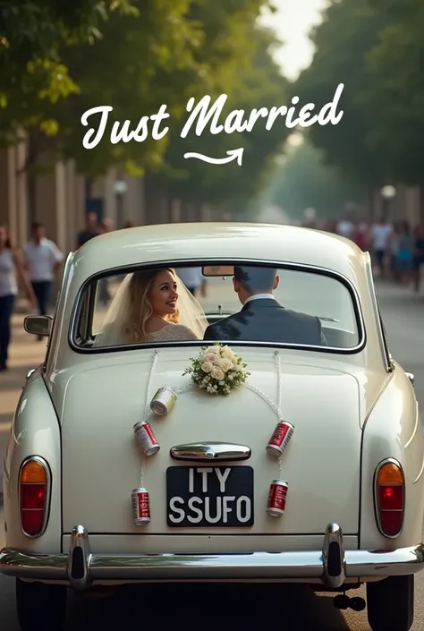 Picture as drawn. Bride and groom sitting in a wedding car. You can see them through the rear window of the car. The car is a Peugeot and cans hang down from the car. The picture says “just married”