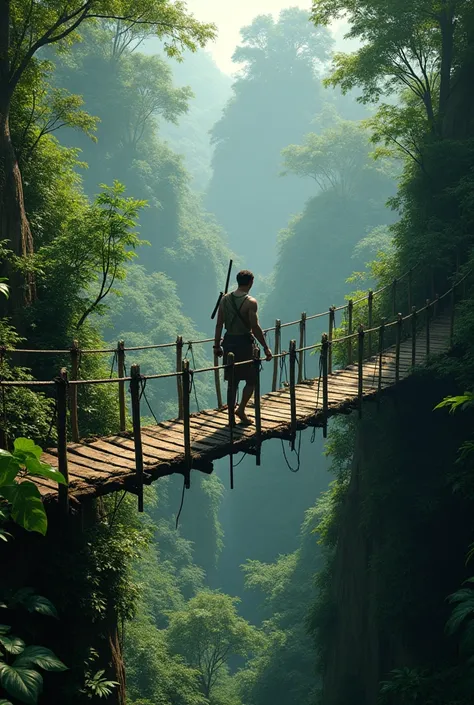 
A man a bridge over a jungle 