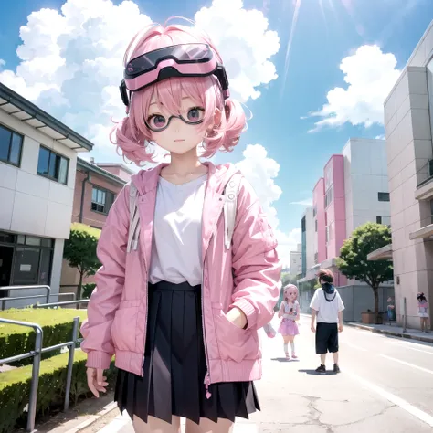 Pink haired elementary school student、vr goggles、Aurora、robot、Summer vacation、homework、hot summer