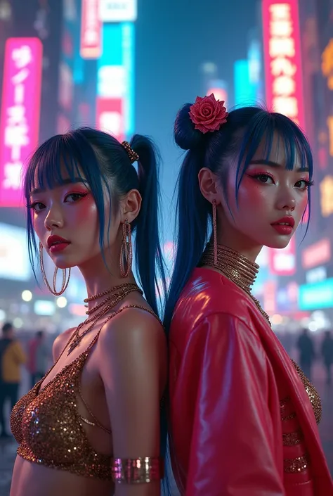 masterpiece, Highest quality, Two confident cyberpunk girls, Harajuku Cyberpunk Costume, Bold colors and patterns, Eye-catching accessories, Trendy and innovative hairstyles, Vibrant makeup, Dazzling cyberpunk cityscape, skyscraper, Neon Signs, LED Light, ...