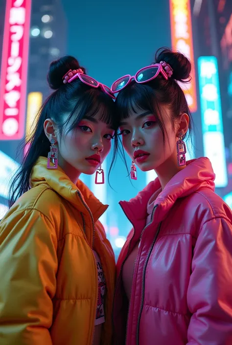 masterpiece, Highest quality, Two confident cyberpunk girls, Harajuku Cyberpunk Costume, Bold colors and patterns, Eye-catching accessories, Trendy and innovative hairstyles, Vibrant makeup, Dazzling cyberpunk cityscape, skyscraper, Neon Signs, LED Light, ...