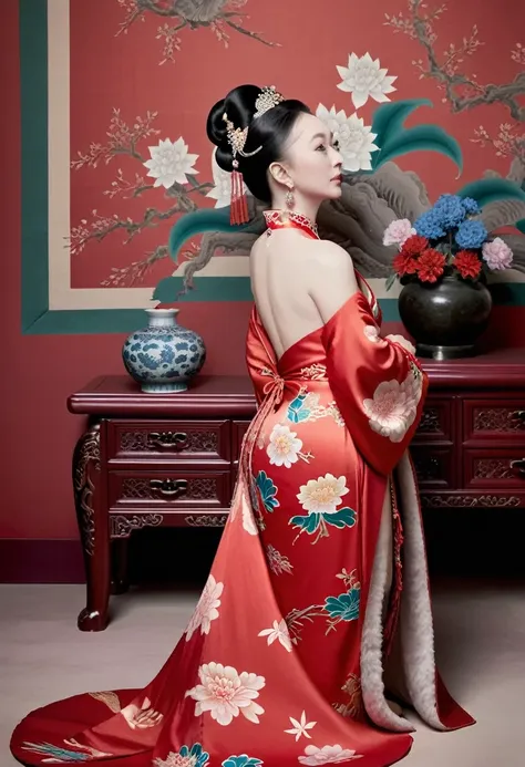 the empress dowager of the qing dynasty wears a red floral dress, completely naked, her profile is displayed、the butt is stickin...