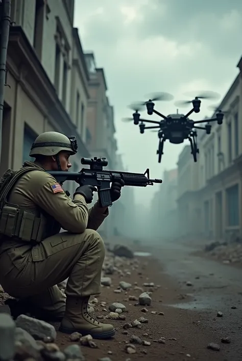 An American soldier aims a machine gun from cover at a quadcopter robot