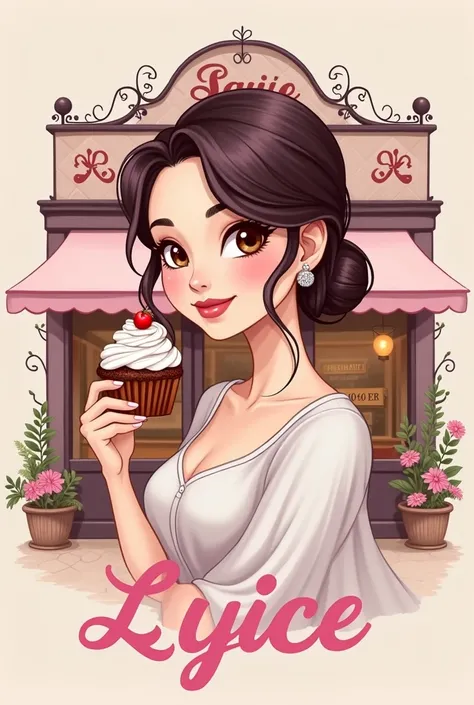 The logo I want is a woman holding a cupcake in front of a cafe, with a background or color theme of pink and violet, and the name "Saicy" included in the design.