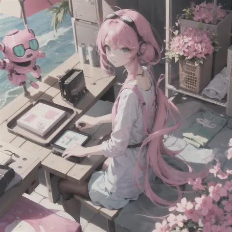 Pink haired elementary school student、vr goggles、Aurora、robot、Summer vacation、homework、hot summer