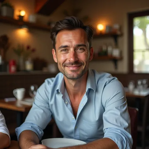 makes image of a white man, aged 35, model type, with short dark hair, with clear eyes, wearing a shirt buttoned up to the neck, with his friend sitting in a cafe in Alentejo
