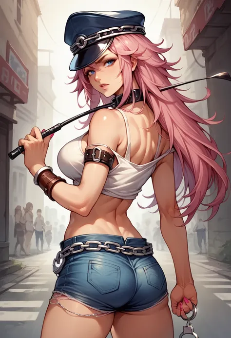 score_9, score_8_up, score_7_up, break, score_9, 1girl, pink hair, long hair, riding crop, peaked cap, collar, tank top, midriff...