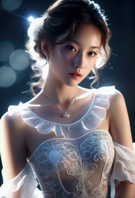 ((gem_Light elements)), (translucent luminous body_Wearing a white frilly shirt), (girl made of light: 1.2, long curly hairstyle，Exquisite facial features，light:1.3), (Minimalism: 0.5), (Frontal gaze close-up angle: 1.3), 4K, high dynamic range, Acid Graph...