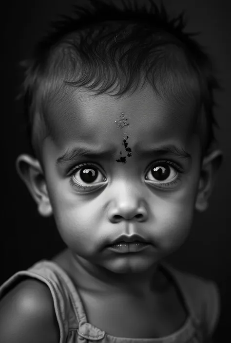 A black & white background, 2, a Bangladeshi baby with funky face & eye. Forehead is broken.